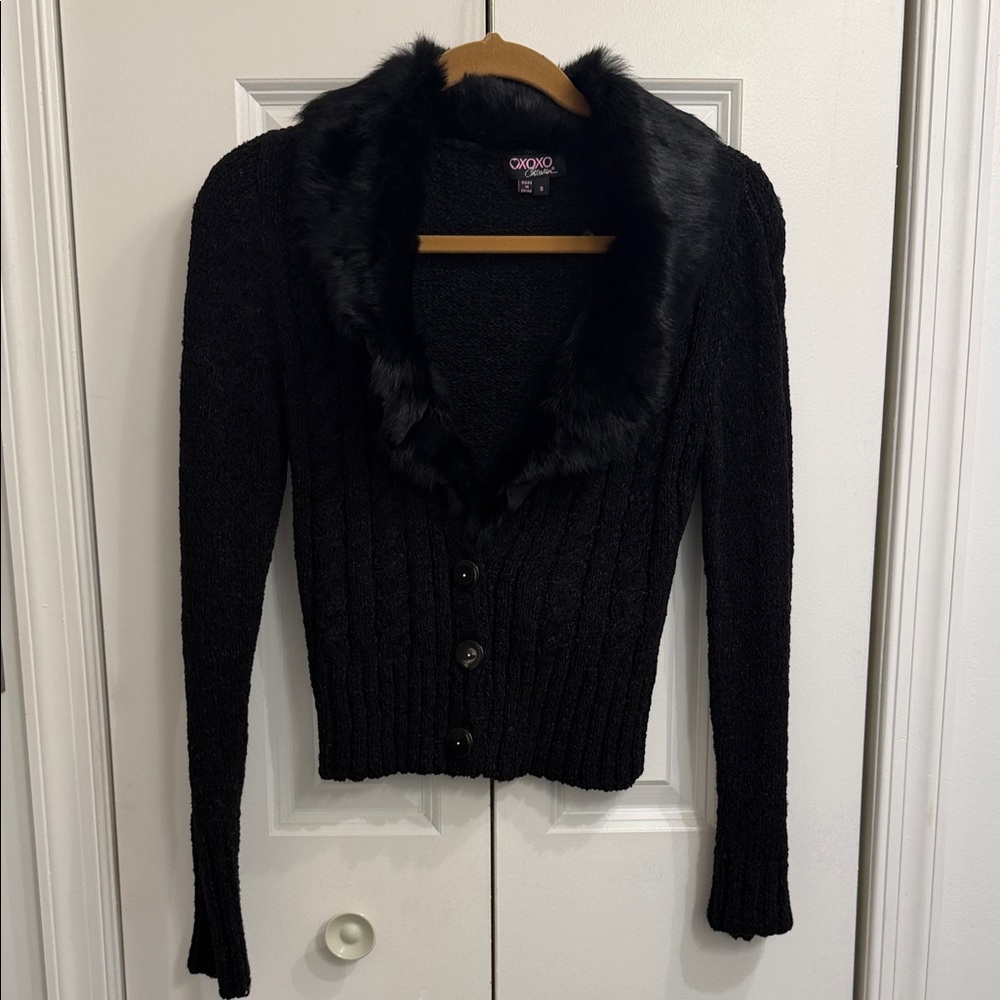 XOXO Black Faux-Fur Collar Knit Cardigan